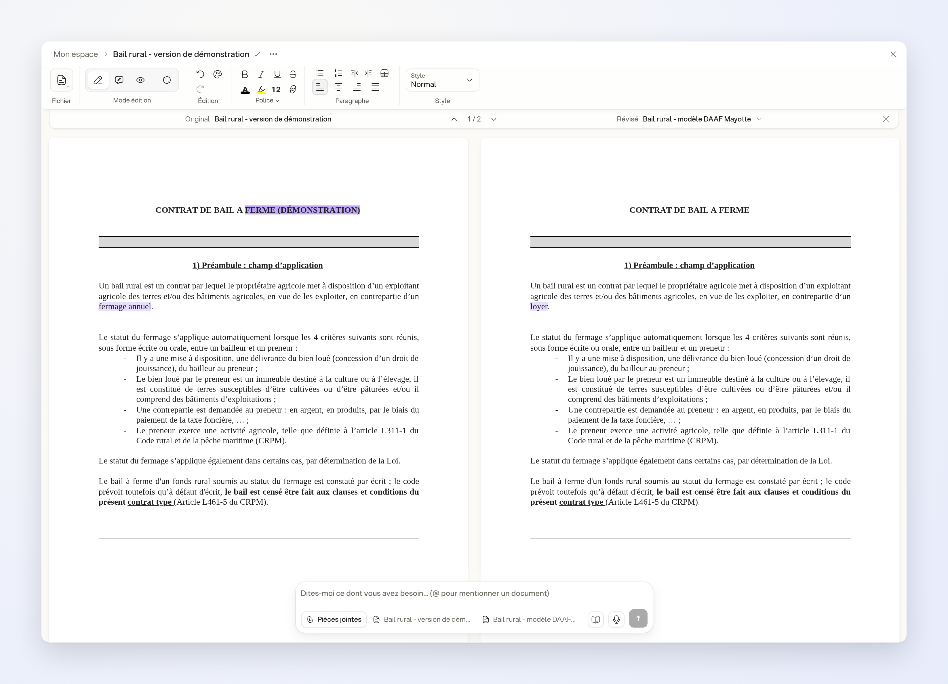Two versions of a rural lease side by side, with title differences highlighted