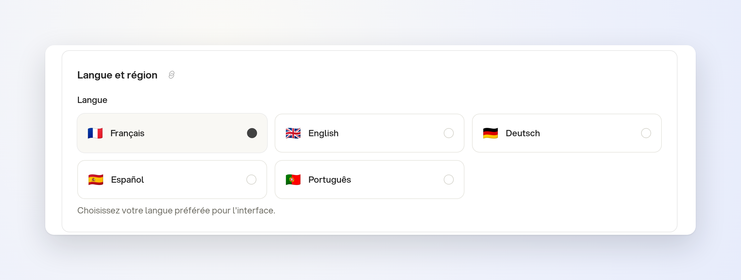 Settings > Preferences > Language & Region with the five available languages Settings > Preferences > Language & Region with the five available languages