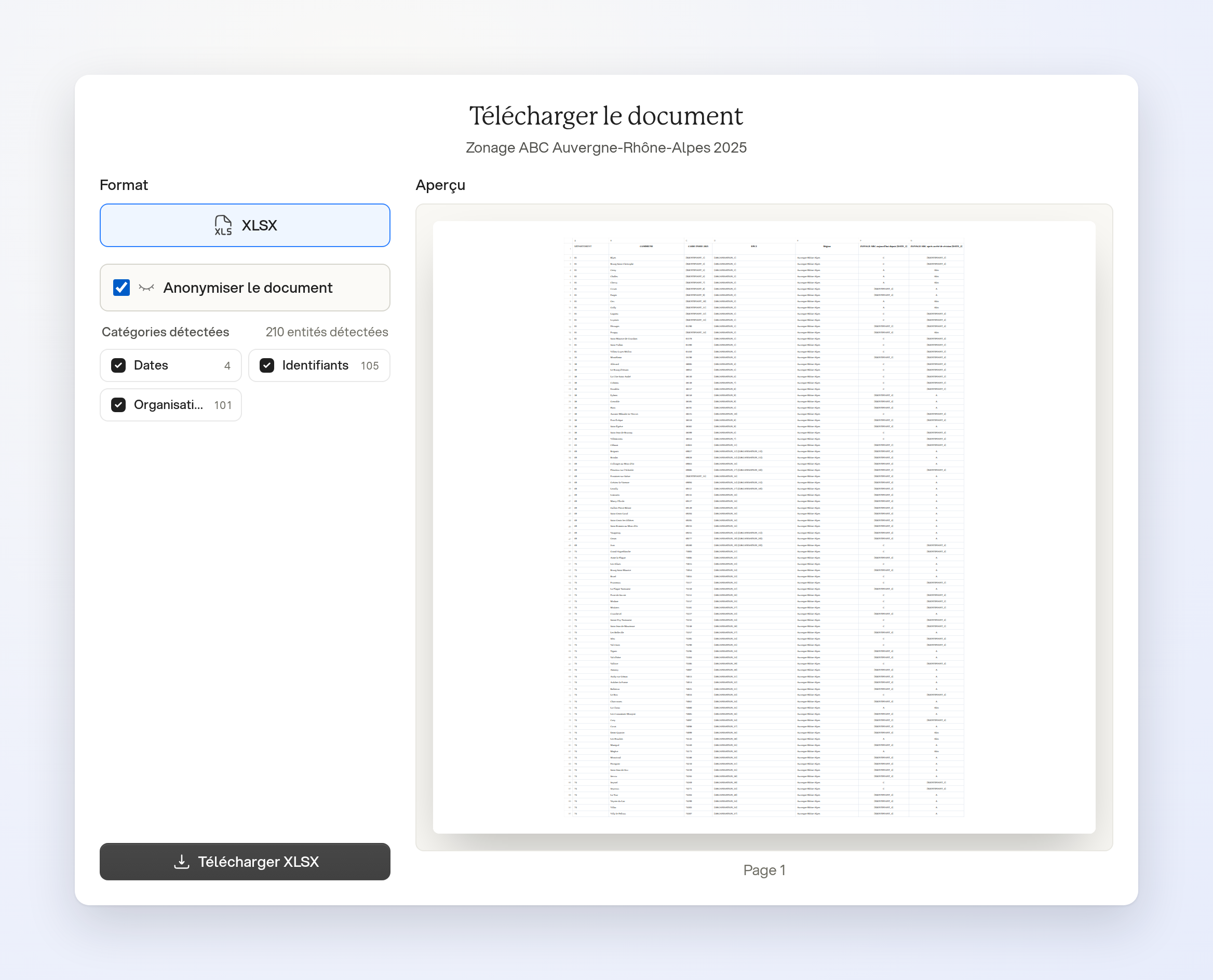 Anonymization enabled for a public zoning spreadsheet, with detected categories and a preview Anonymization enabled for a public zoning spreadsheet, with detected categories and a preview