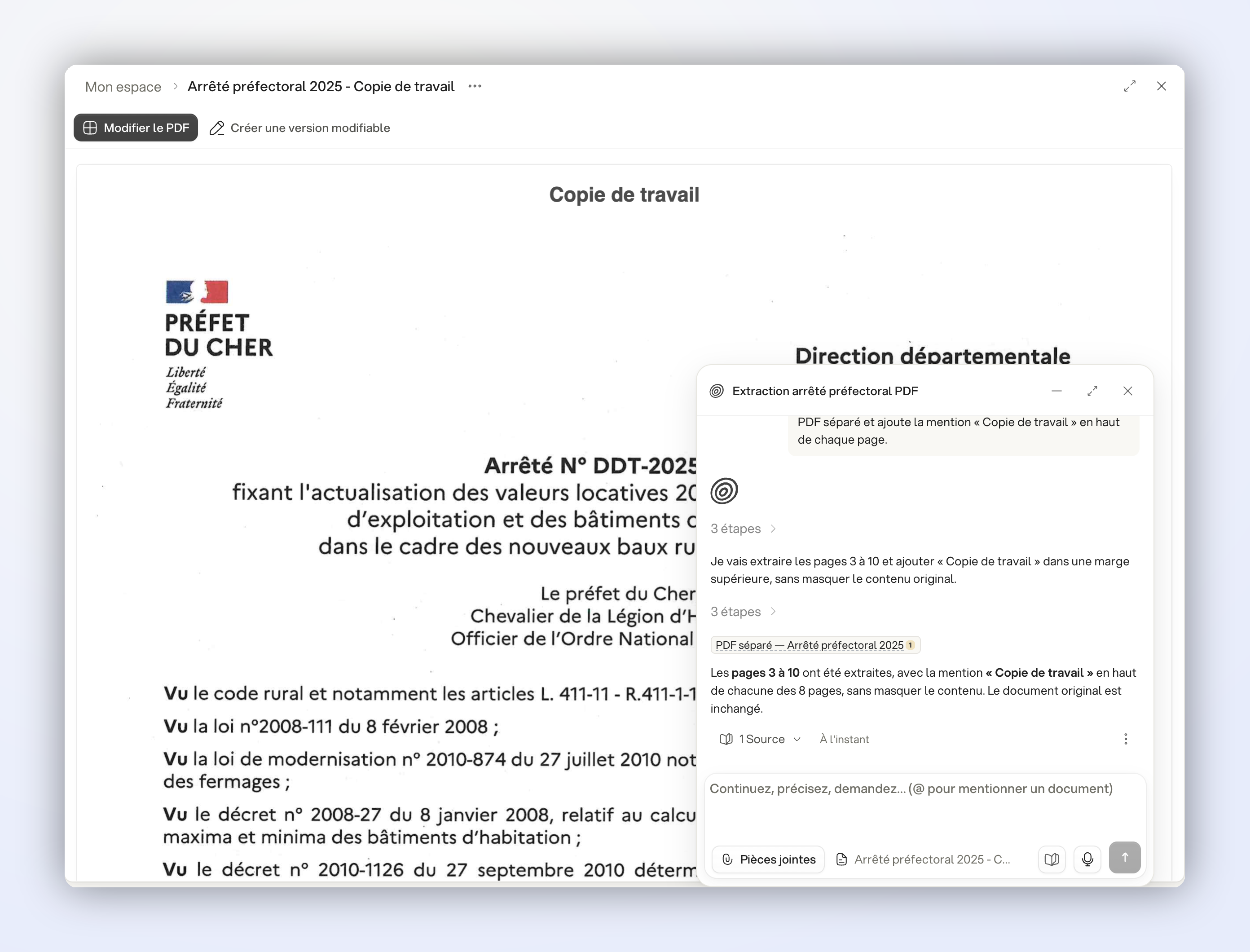 L’assistant extrait les pages 3 à 10 et ajoute une mention sur chaque page L’assistant extrait les pages 3 à 10 et ajoute une mention sur chaque page