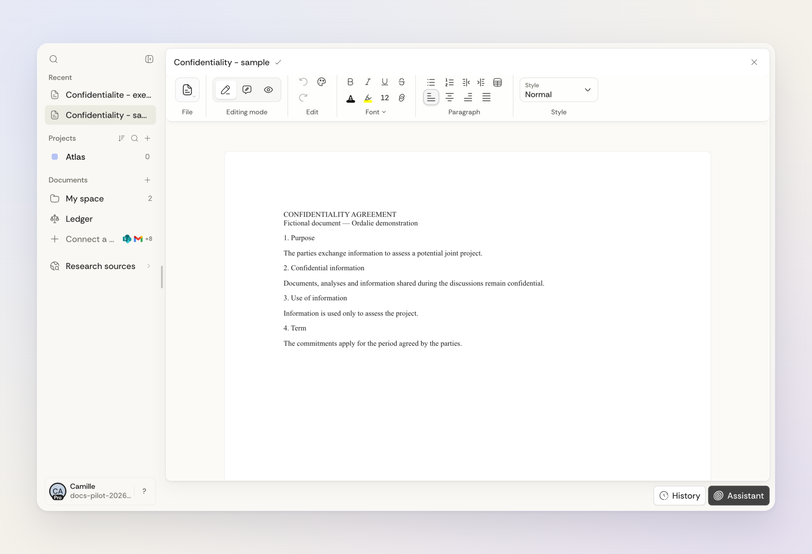 The Ordalie editor with a fictional agreement: formatting and editing modes in the toolbar. The Ordalie editor with a fictional agreement: formatting and editing modes in the toolbar.