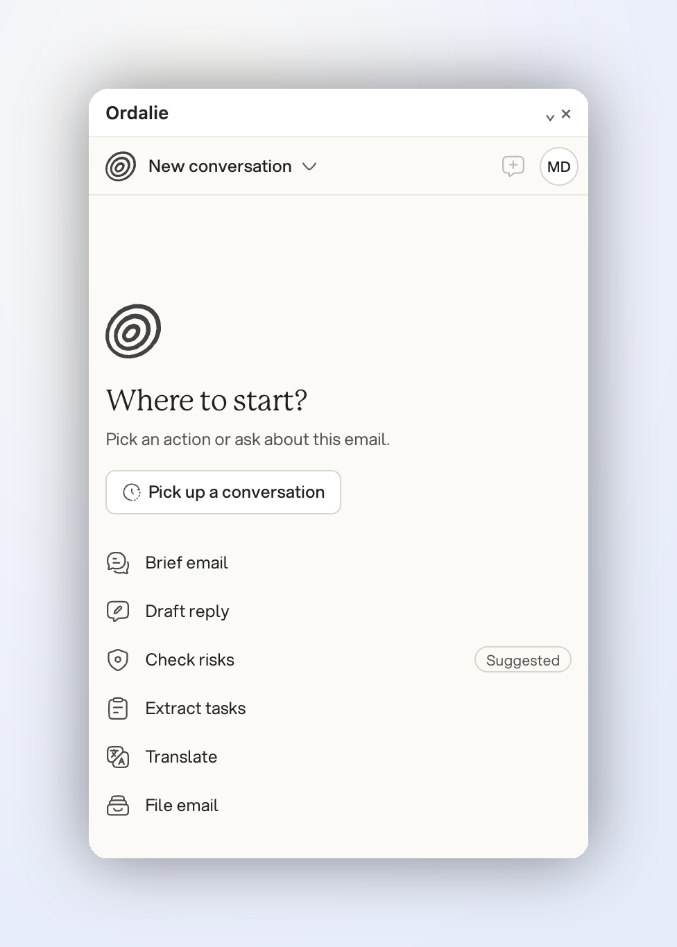 The Ordalie pane in Outlook, with its quick actions The Ordalie pane in Outlook, with its quick actions