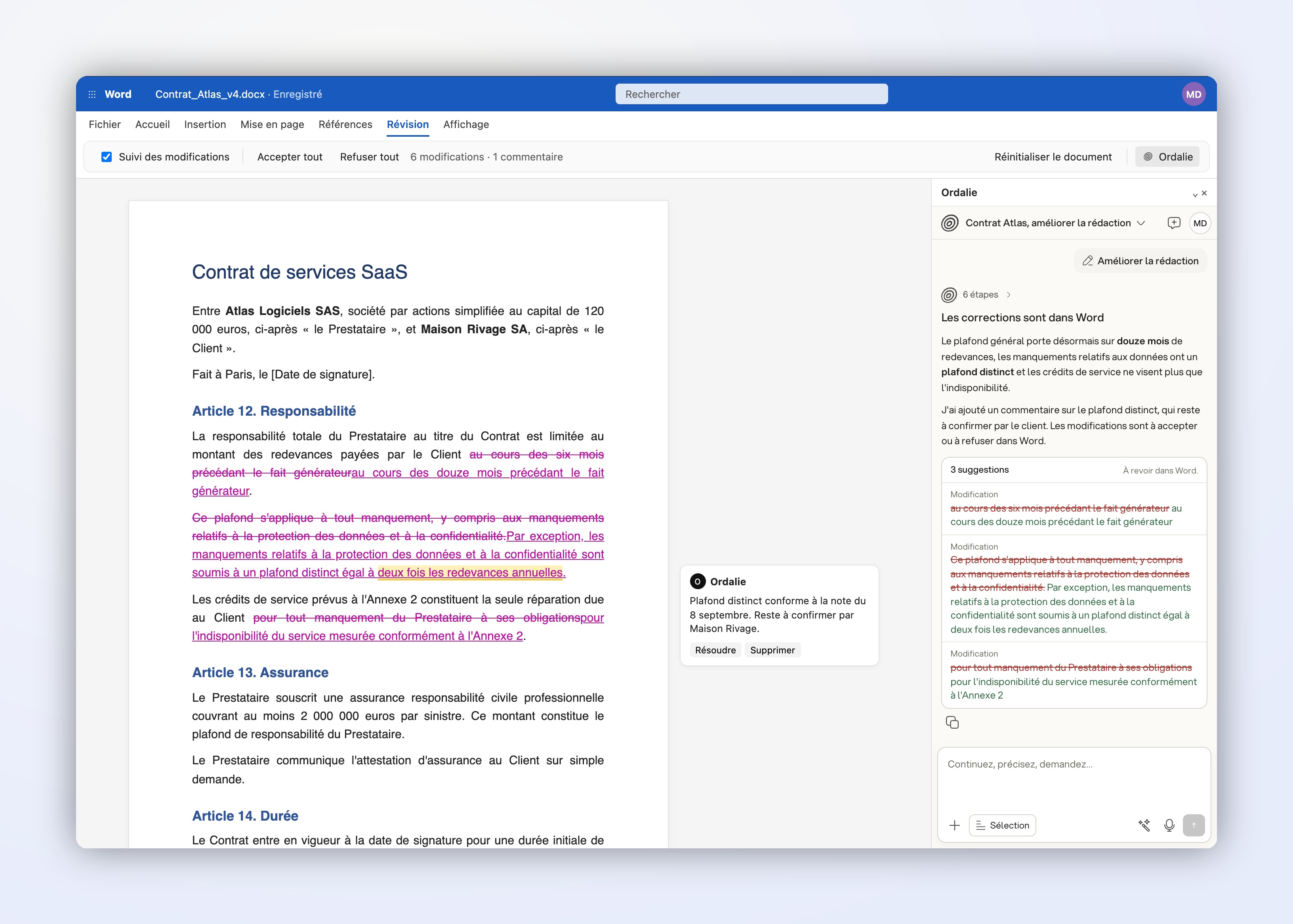 After Improve the wording: tracked changes in the document, a comment, and a summary in the pane (example on a French contract) After Improve the wording: tracked changes in the document, a comment, and a summary in the pane (example on a French contract)