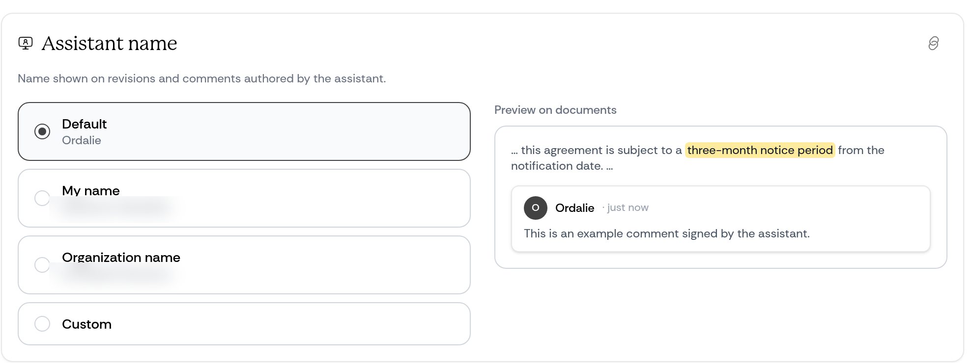 Choose the name shown for assistant-authored document revisions and comments.