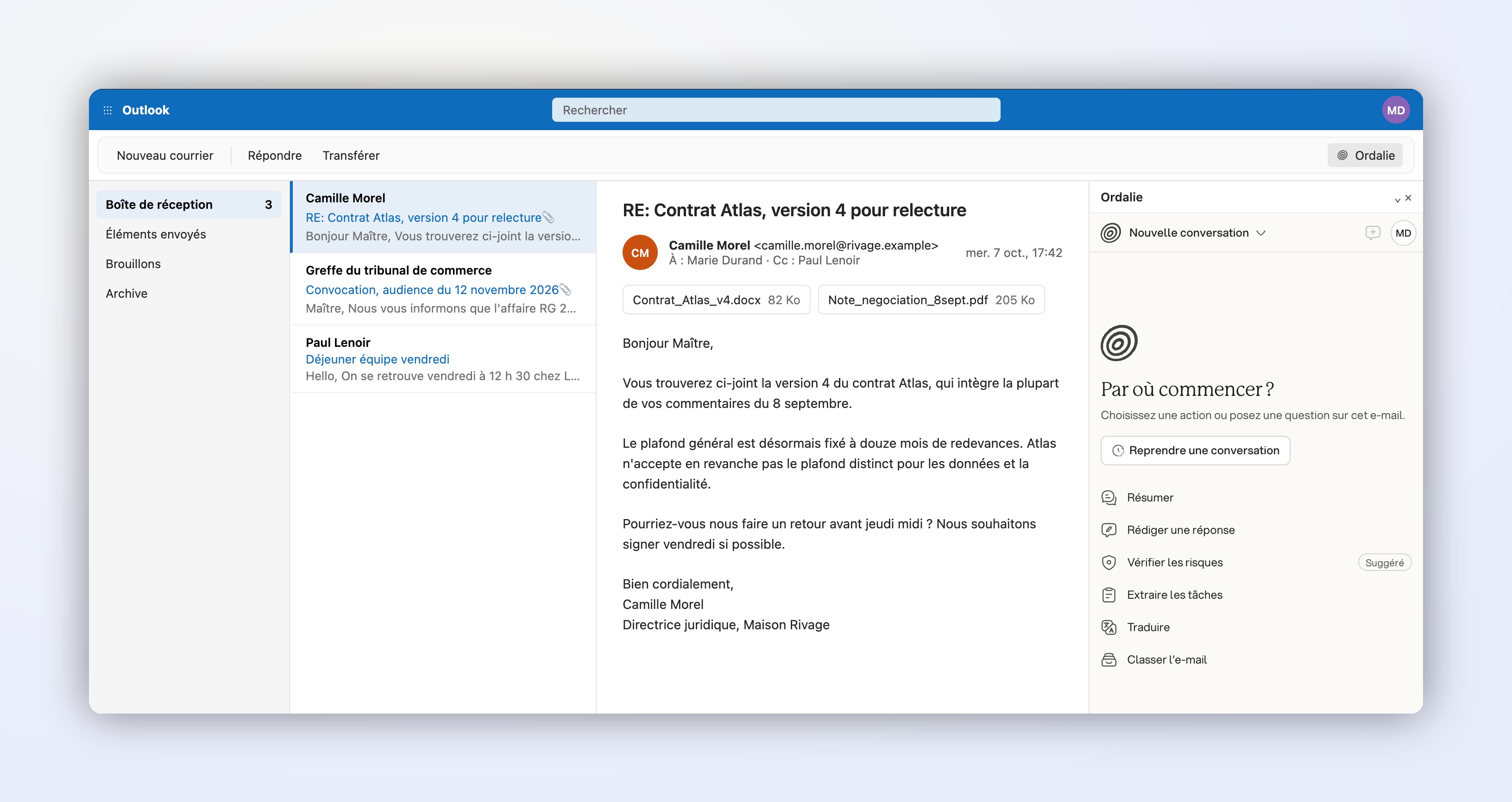 Le volet Ordalie ouvert sur un email dans Outlook, avec ses actions rapides Le volet Ordalie ouvert sur un email dans Outlook, avec ses actions rapides