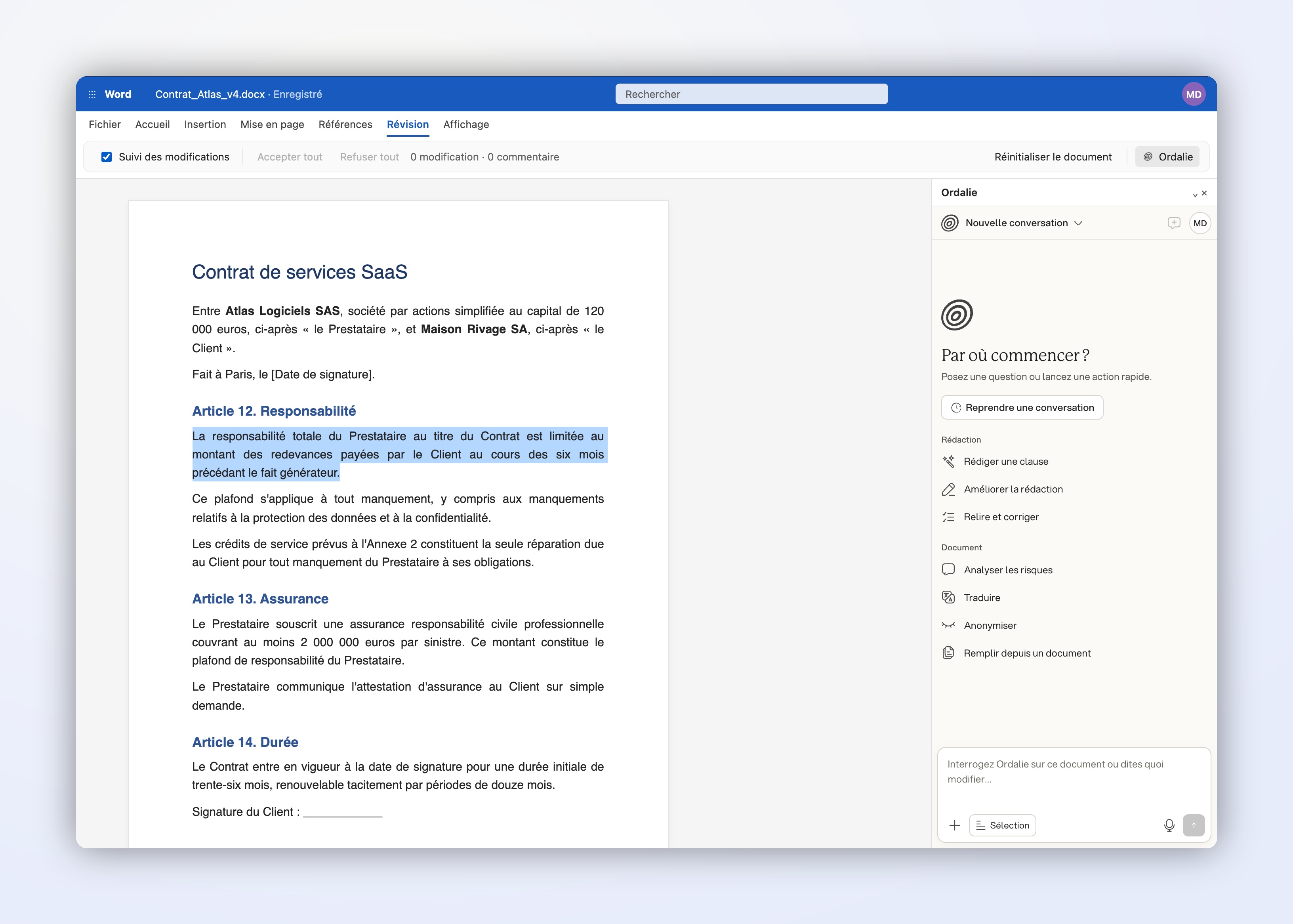 Le volet Ordalie ouvert à côté d'un contrat dans Word Le volet Ordalie ouvert à côté d'un contrat dans Word